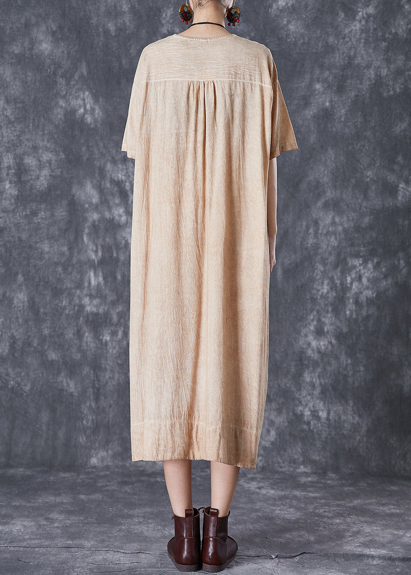 Khaki V Neck Pockets Linen Long Dress Summer