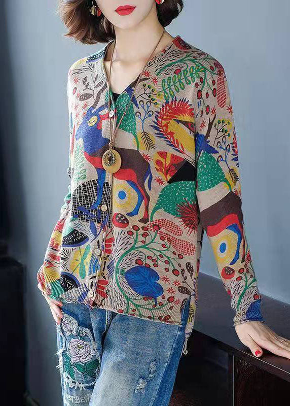 Khaki V Neck Print Button Knit Cardigan Spring
