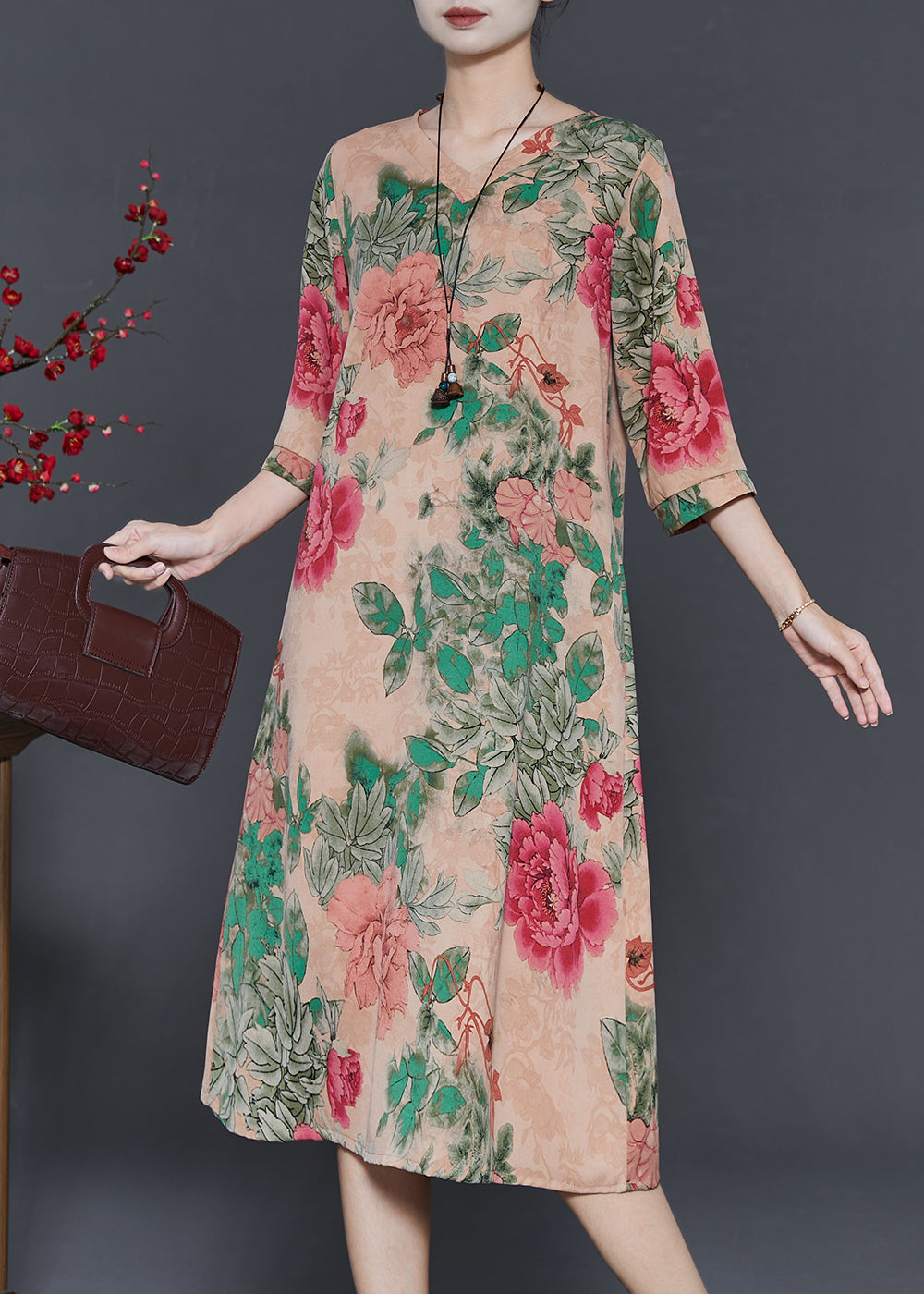 Khaki V Neck Print Chiffon Long Dresses Half Sleeve