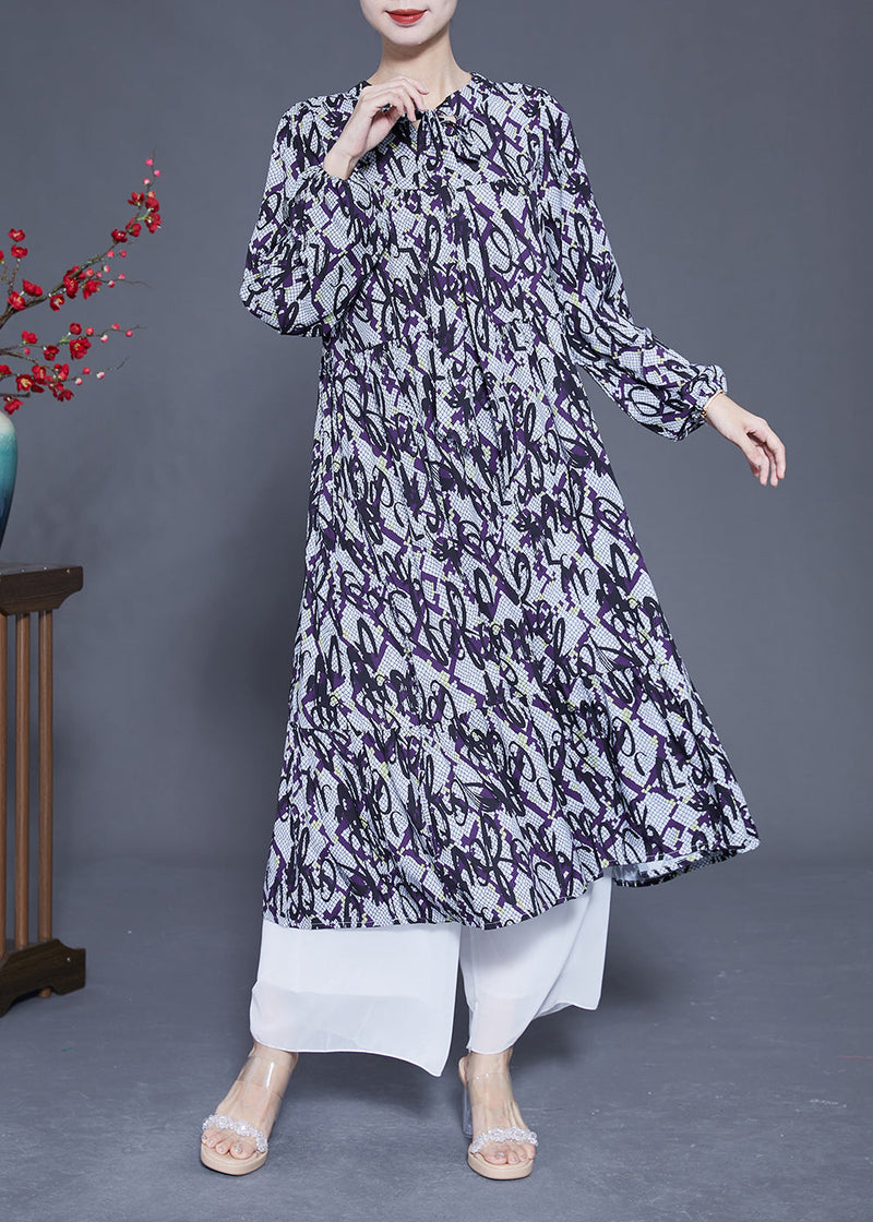 Lace Up Patchwork Print Silk a Line Dress Spring
