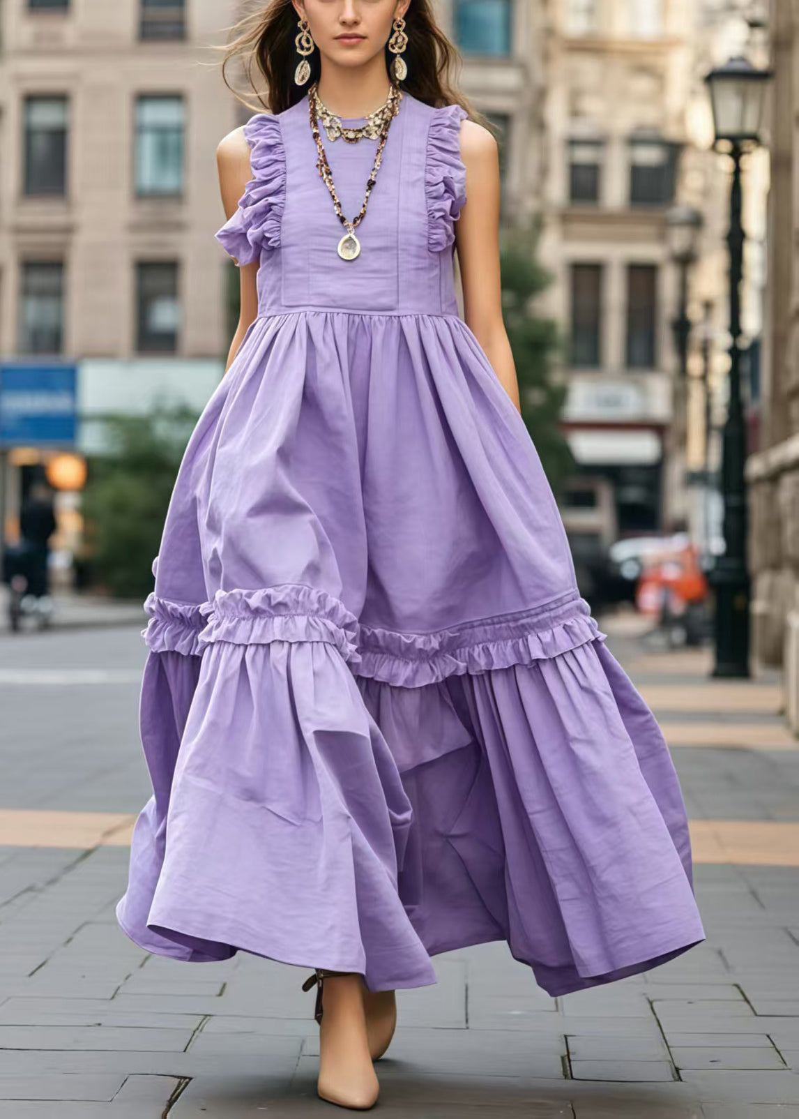 Lavender Ruffled Exra Large Hem Robe Dresses Sleeveless