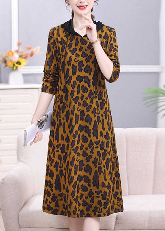Leopard Peter Pan Collar Print Drawstring Hooded Long Dress Long Sleeve