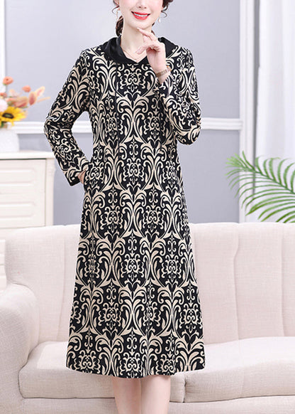 Leopard Peter Pan Collar Print Drawstring Hooded Long Dress Long Sleeve