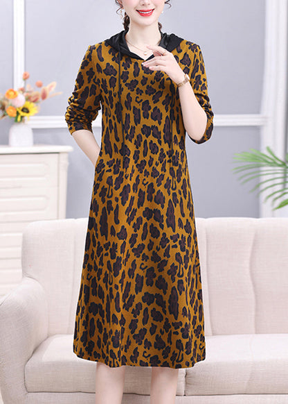Leopard Peter Pan Collar Print Drawstring Hooded Long Dress Long Sleeve