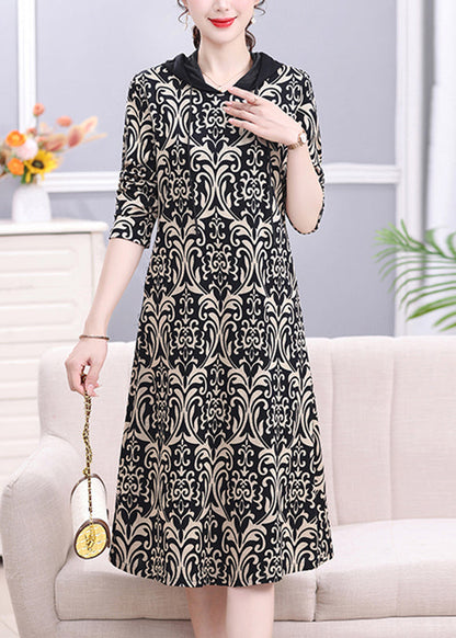 Leopard Peter Pan Collar Print Drawstring Hooded Long Dress Long Sleeve