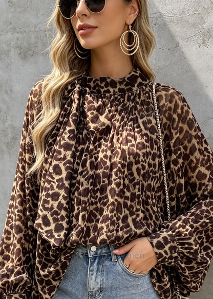 Bohemian Leopard Print Bow Chiffon Shirts Tops Spring