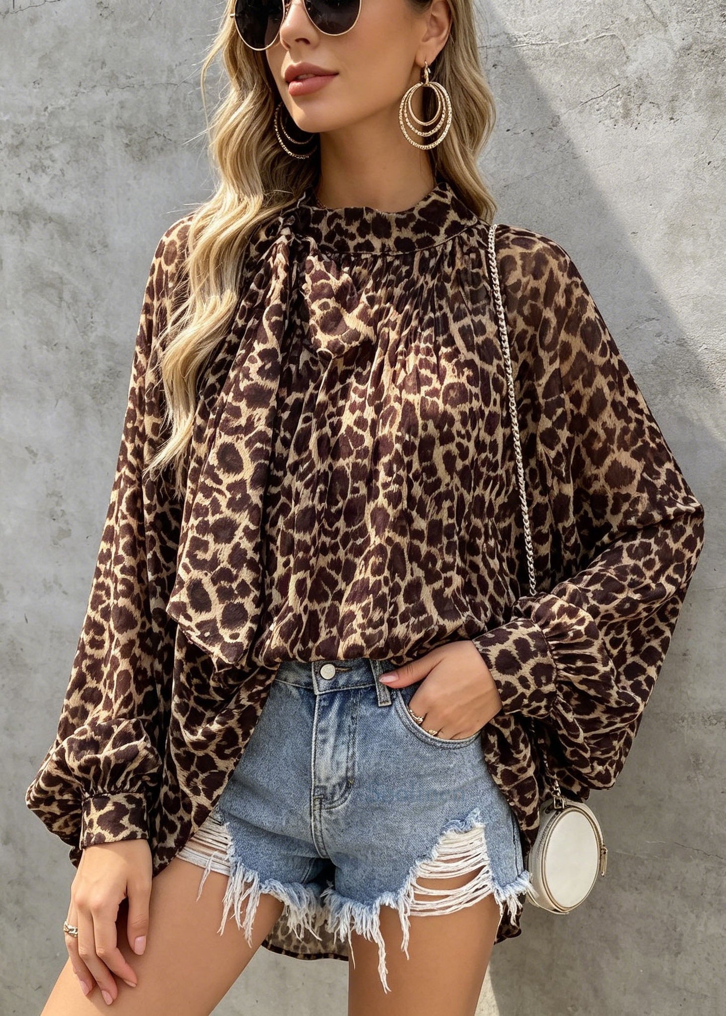 Bohemian Leopard Print Bow Chiffon Shirts Tops Spring