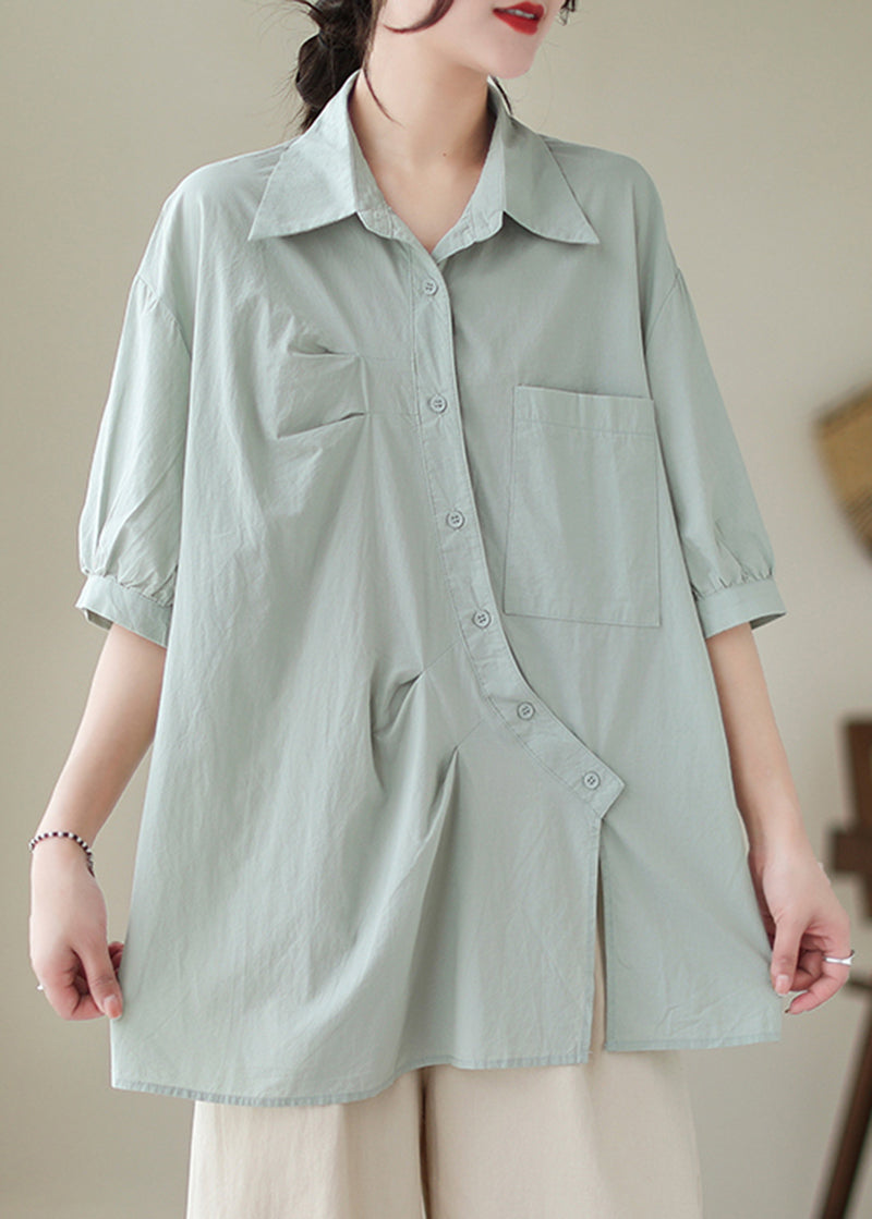 Light Blue Asymmetrical Wrinkled Cotton Blouses Half Sleeve