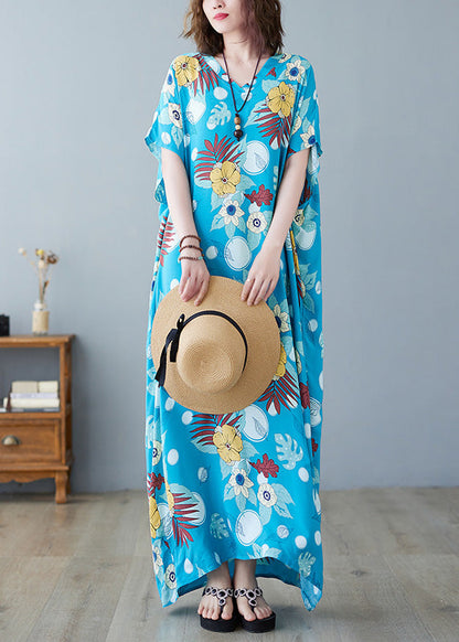 Light Blue O-neck Print Cotton Maxi Dresses Summer