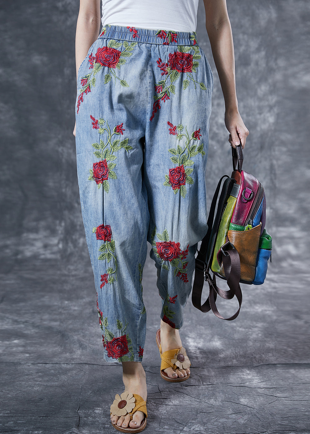 Light Blue Rose Embroideried Pockets Cotton Harem Pants Summer
