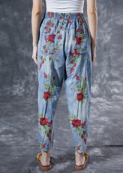 Light Blue Rose Embroideried Pockets Cotton Harem Pants Summer