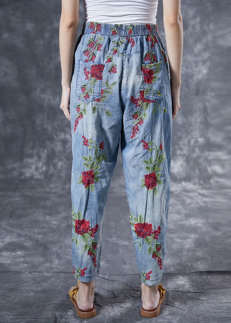 Light Blue Rose Embroideried Pockets Cotton Harem Pants Summer