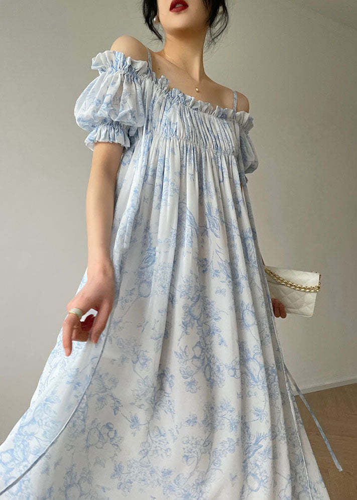 Light Blue Ruffled Wrinkled Print Chiffon Spaghetti Strap Dresses Sleeveless