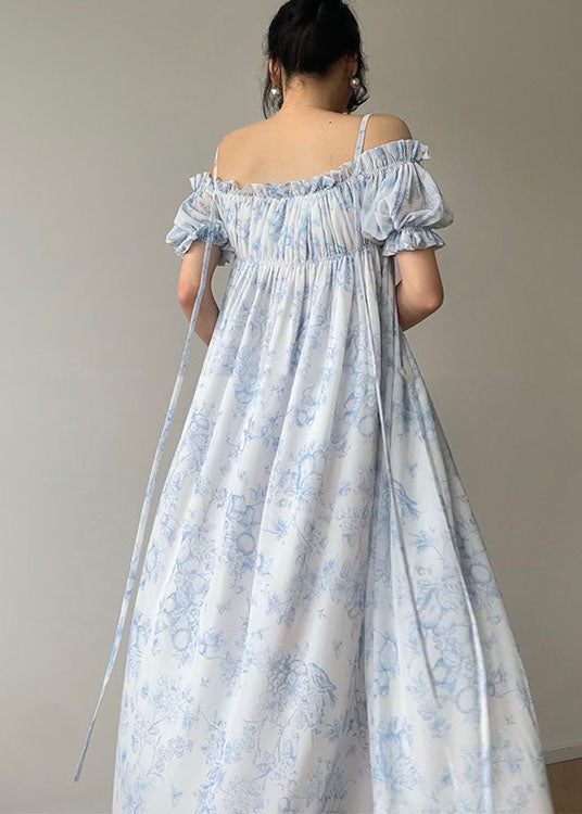 Light Blue Ruffled Wrinkled Print Chiffon Spaghetti Strap Dresses Sleeveless