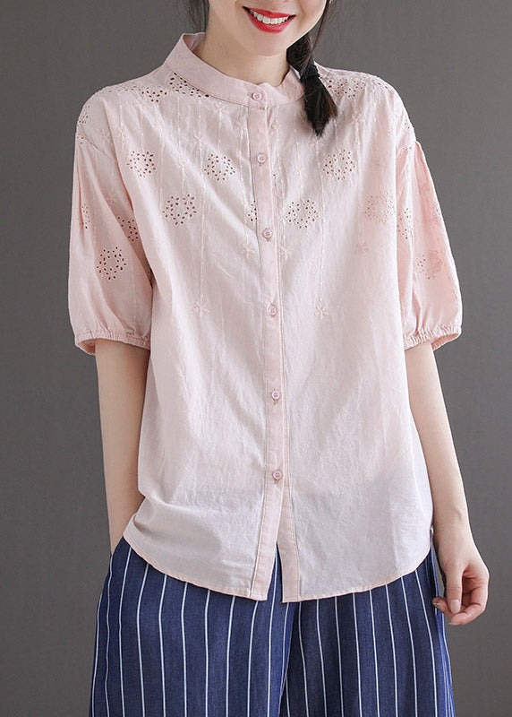 Light Blue Stand Collar Embroideried Button Cotton Shirt Half Sleeve