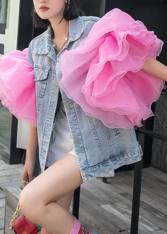 Light Blue Tulle Ruffled Patchwork Denim Top Summer