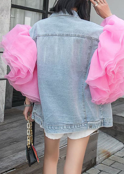 Light Blue Tulle Ruffled Patchwork Denim Top Summer
