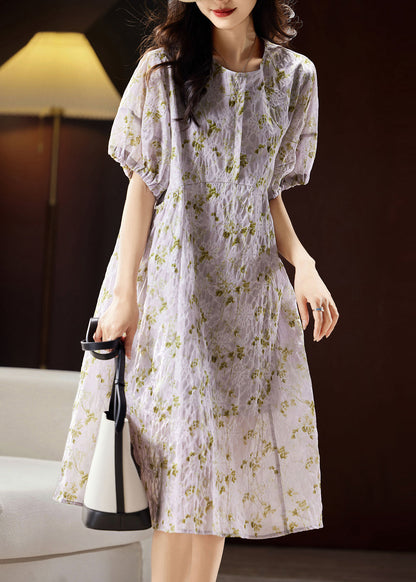 Light Purple Print Patchwork Cotton Holiday Long Dress Puff Sleeve