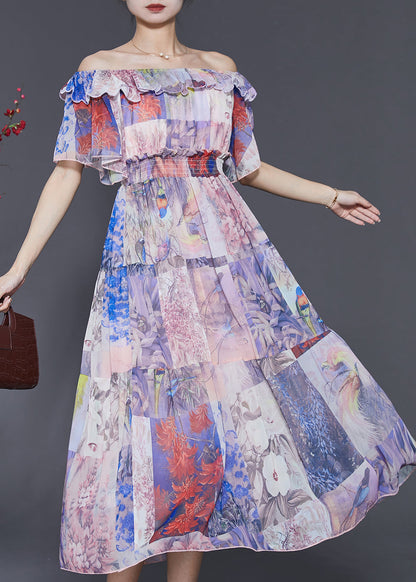 Light Purple Slash Neck Cinched Chiffon Holiday Dress Summer