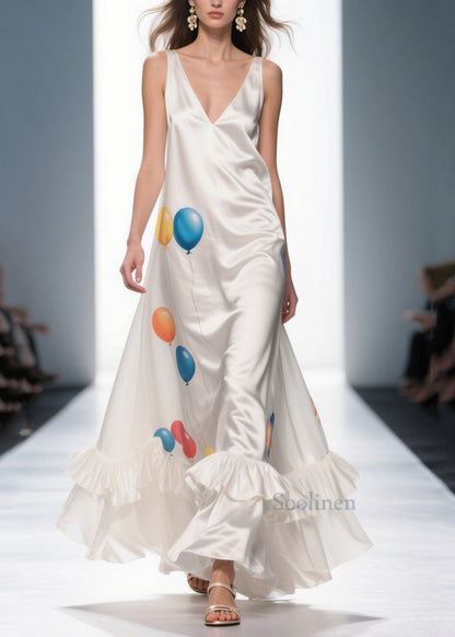 Milk White Ruffled Print Silk Vestidos Dress Summer