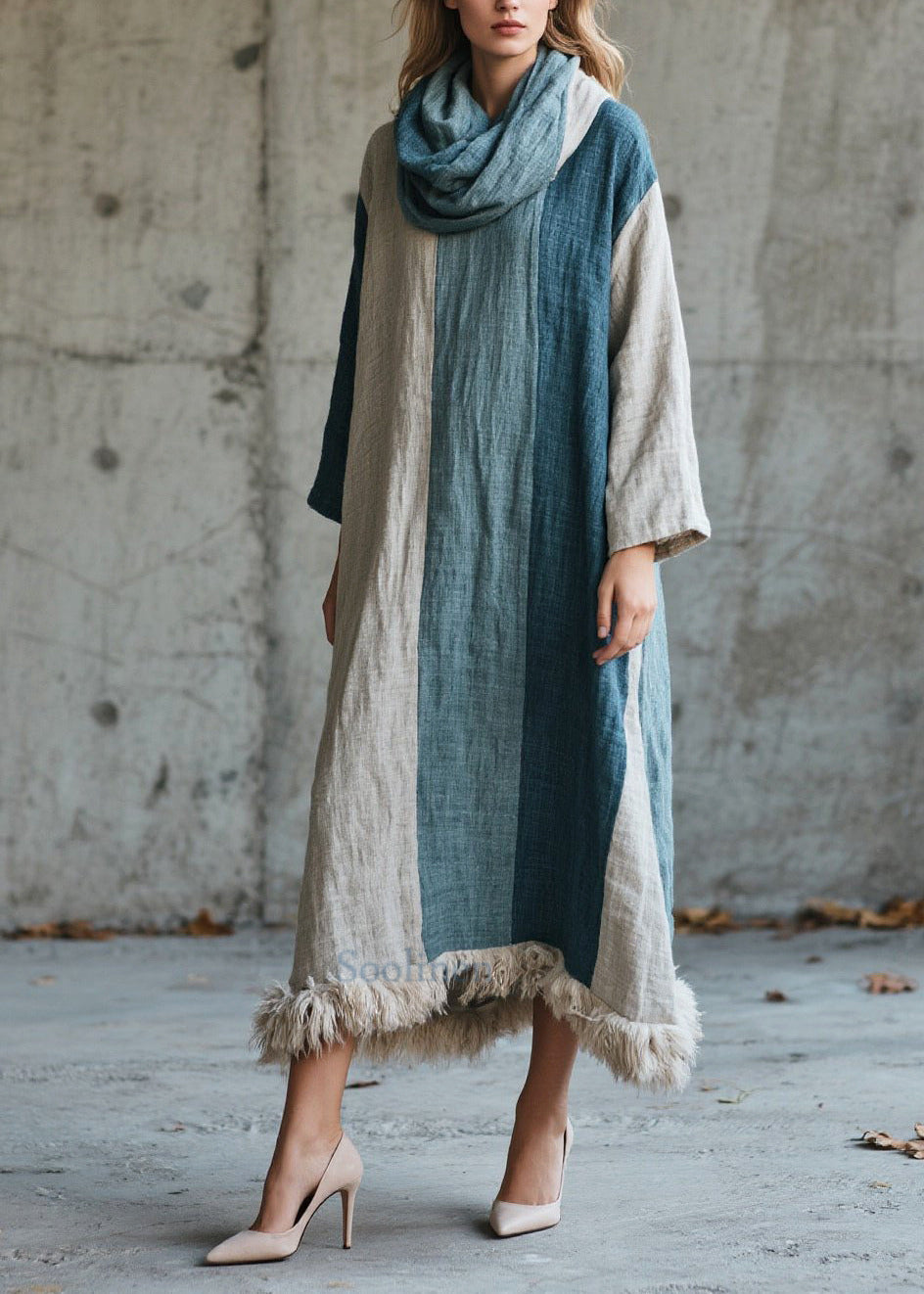 Mixed Color Oversized Patchwork Faux Fur Maxi Dress Fall
