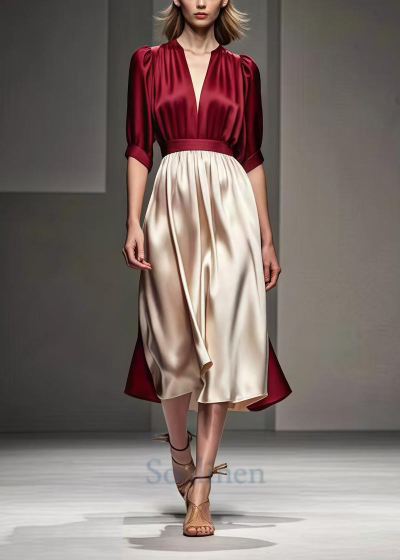 Mulberry Cinched Patchwork Silk Long Dress Summer