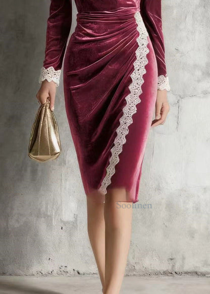 Mulberry O-neck Lace Patchwork Silk Velvet Mid Dress Spring