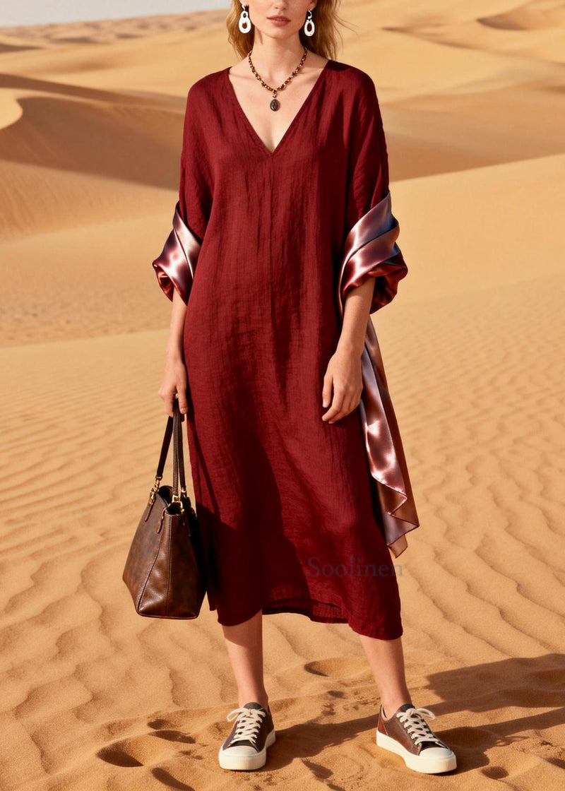 Mulberry V Neck Patchwork Cotton Maxi Dresses Summer