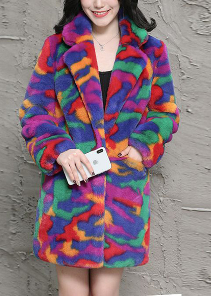 Multicolor Oversized Tie Dye Faux Fur Jackets Winter