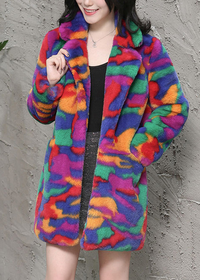 Multicolor Oversized Tie Dye Faux Fur Jackets Winter