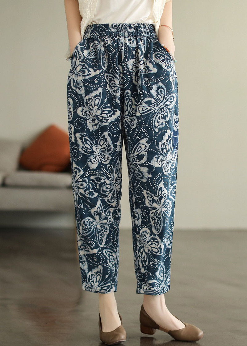 Navy Elastic Waist Print Cotton Crop Pants Fall