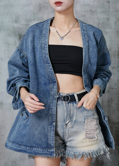 Navy Oversized Chinese Button Denim Coats Spring