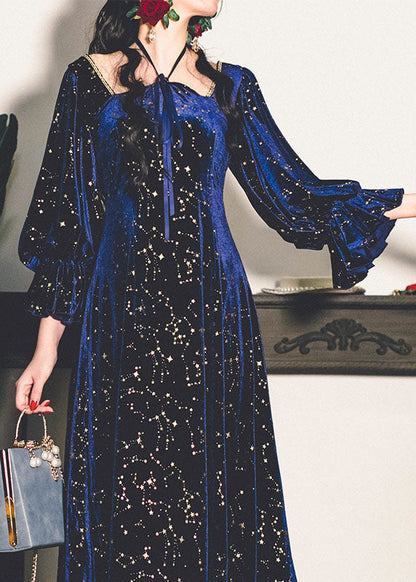 Navy Square Collar Sequins Exra Large Hem Silk Velour Maxi Dresses Spring