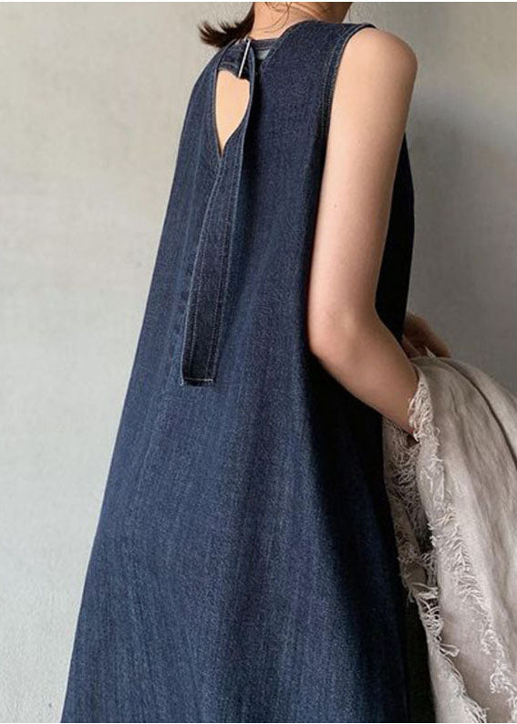 Navy V Neck Cold Shoulder Cotton Denim Dress Sleeveless