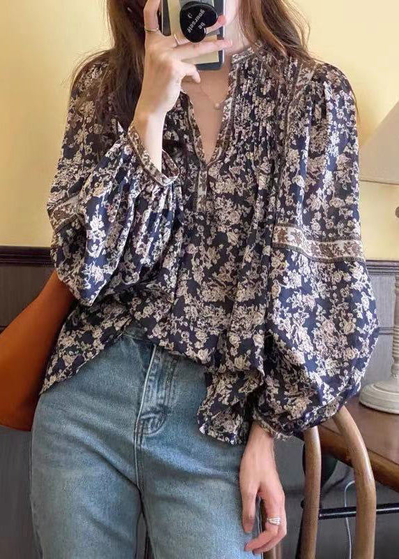 Navy V Neck Print Chiffon Shirt Top Lantern Sleeve