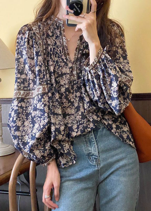 Navy V Neck Print Chiffon Shirt Top Lantern Sleeve