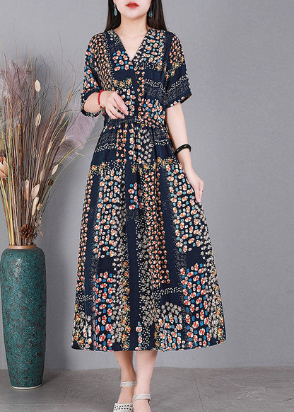Navy V Neck Print Drawstring Silk Long Dress Short Sleeve