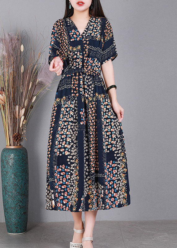 Navy V Neck Print Drawstring Silk Long Dress Short Sleeve