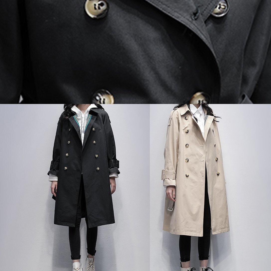 Notched Tie Waist Fine Trench Coat Black Knee Coats