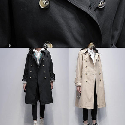Notched Tie Waist Fine Trench Coat Black Knee Coats
