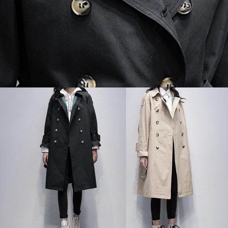 Notched Tie Waist Fine Trench Coat Black Knee Coats
