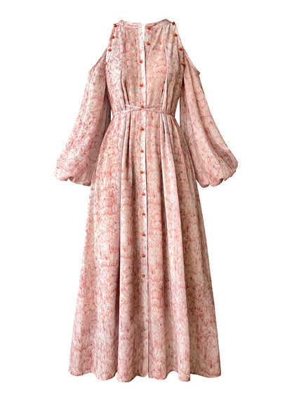 O-neck Print Button Pockets Tie Waist Chiffon Long Dresses Long Sleeve