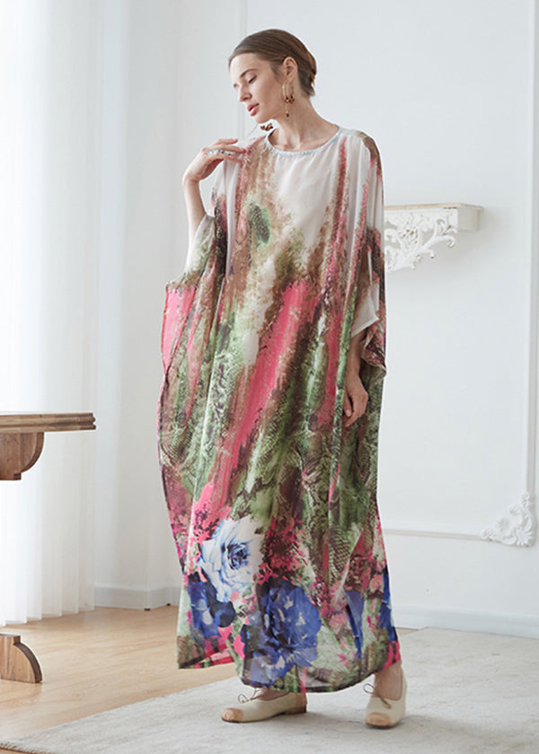 O Neck Print Chiffon Vacation Long Dresses Batwing Sleeve
