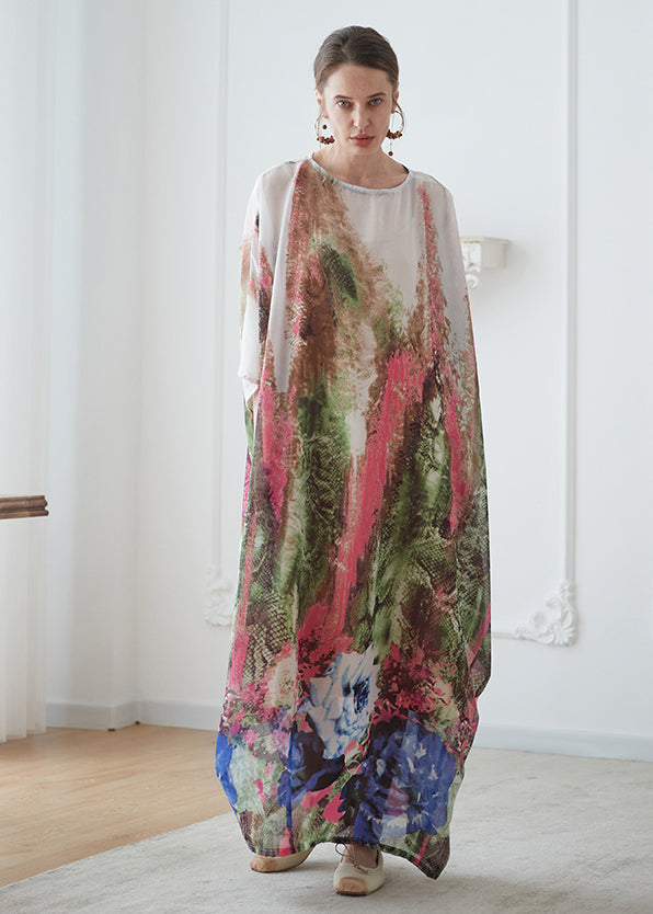 O Neck Print Chiffon Vacation Long Dresses Batwing Sleeve