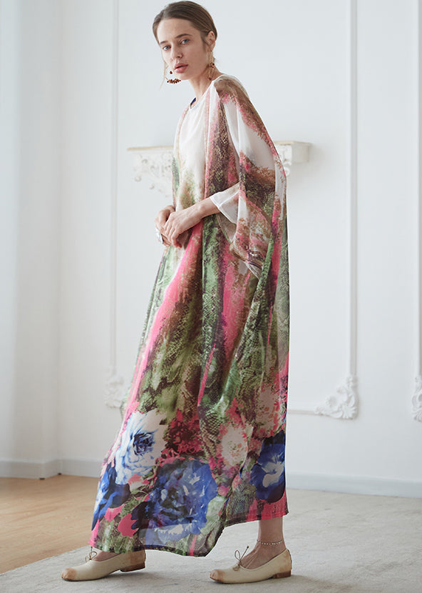 O Neck Print Chiffon Vacation Long Dresses Batwing Sleeve