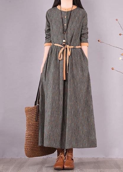 O Neck Tie Waist Spring Quilting Dresses Work Black Striped Maxi Dresses