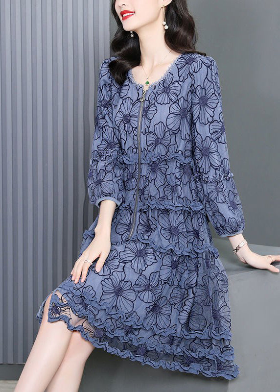 O-neck Zippered Ruffled Print Maxi Dress Long Sleeve