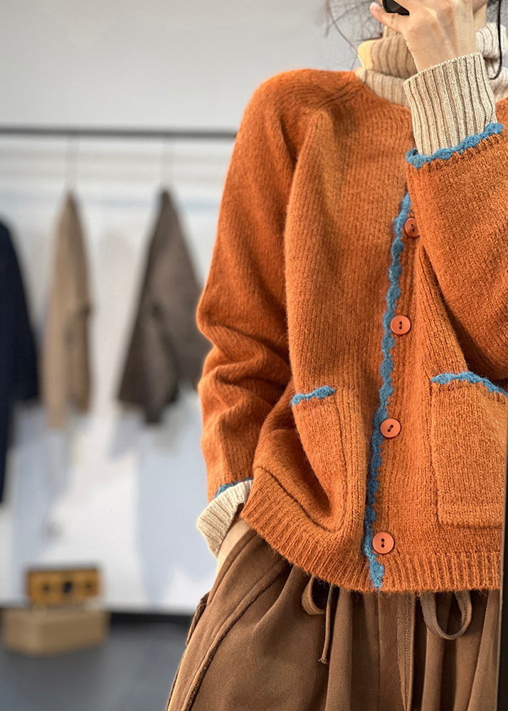 Orange Button Pockets Woolen Coats Fall