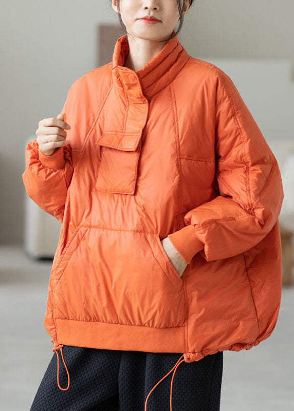 Orange Hooded Drawstring Pockets Duck Down Down Pullover Sweatshirt Winter