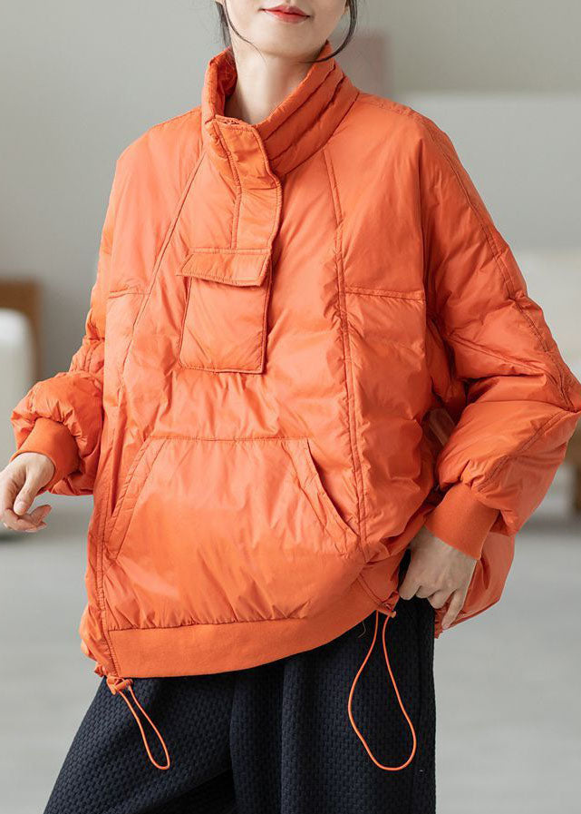 Orange Hooded Drawstring Pockets Duck Down Down Pullover Sweatshirt Winter
